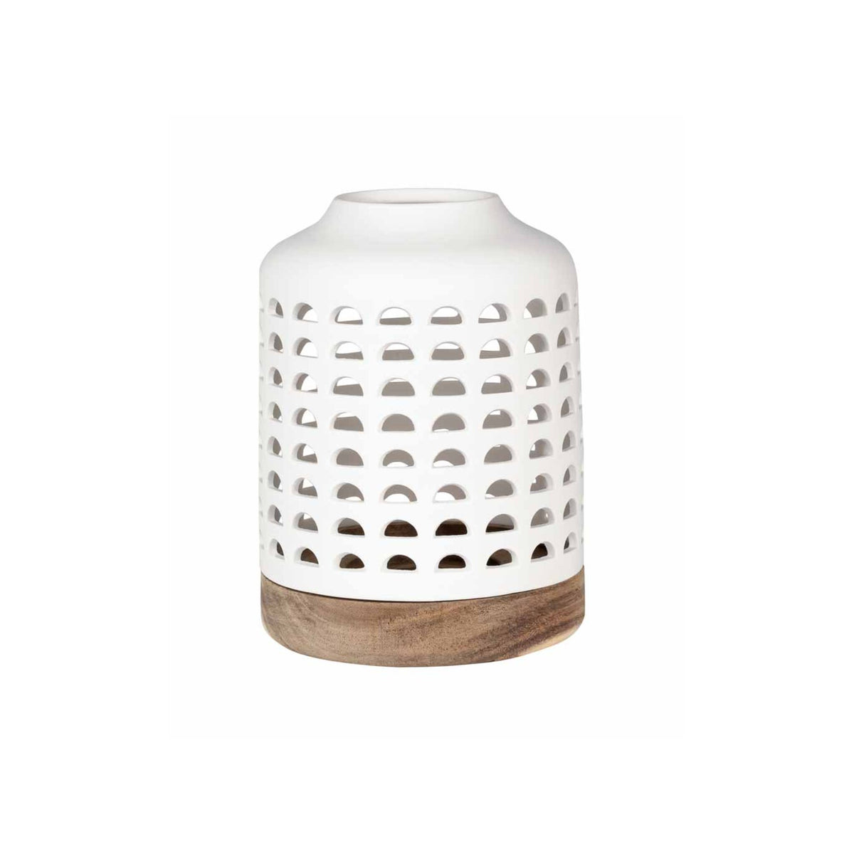 Lantern With Cutouts - Porcelain & Acacia Wood (Large)