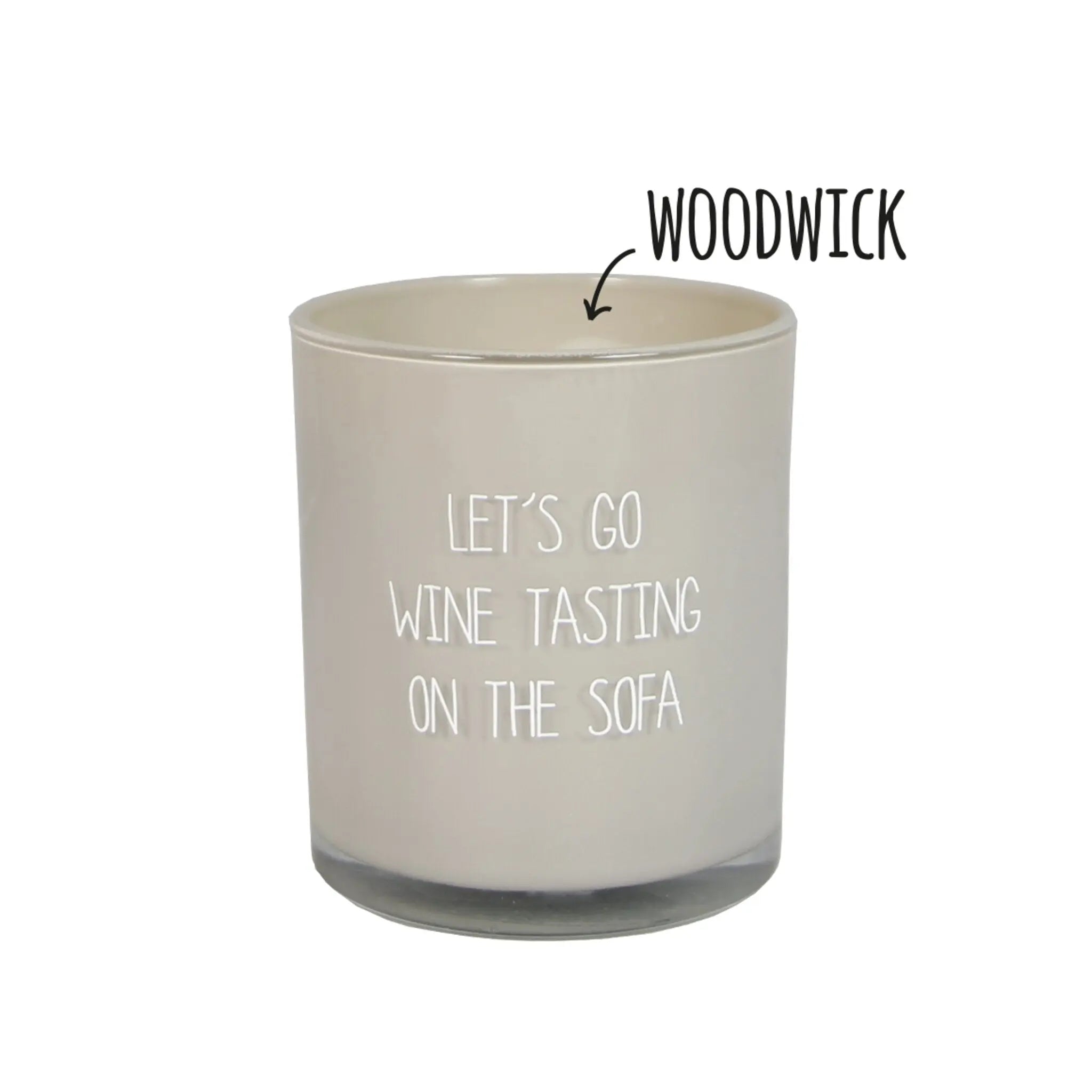Scented soy candle (in Glass Jar with Wooden Wick) Sand / "Let's go wine tasting on the sofa" My Flame Lifestyle