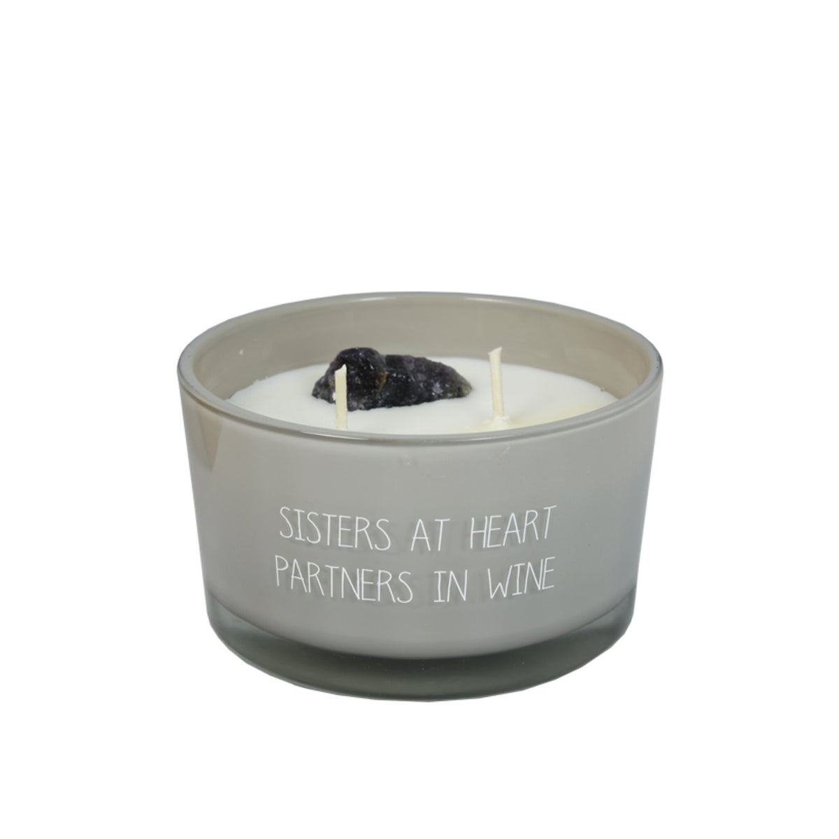 Scented soy candle (in Glass Jar with Crystal) Sand / "Sisters at heart, partners in wine"