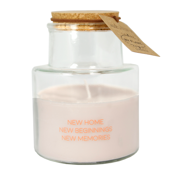 My Flame Lifestyle Outdoor scented soy candle with cork Sand "New home new beginnings new memories"