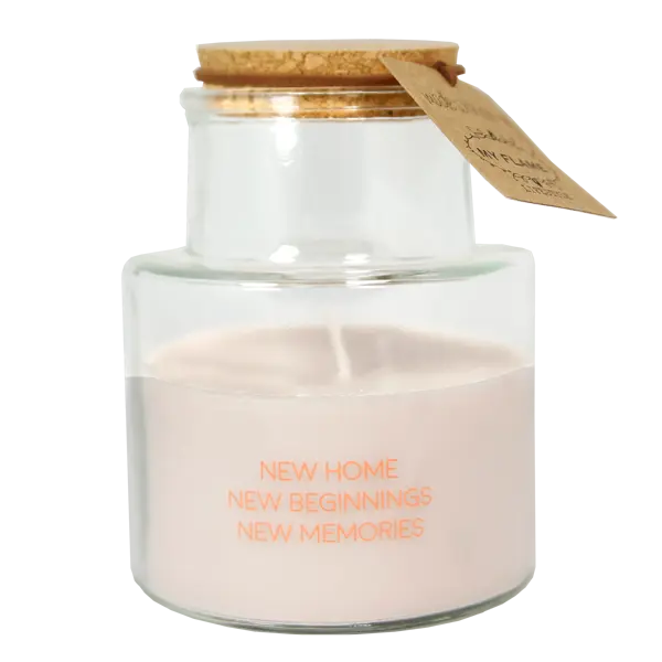 My Flame Lifestyle Outdoor scented soy candle with cork Sand "New home new beginnings new memories" My Flame Lifestyle