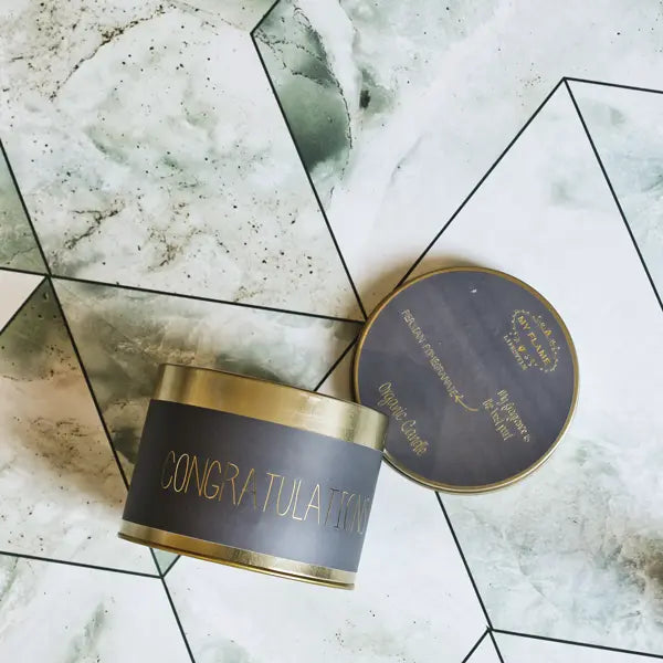 My Flame Lifestyle XL Scented soy candle in tin (gold) Congratulations Dark grey My Flame Lifestyle